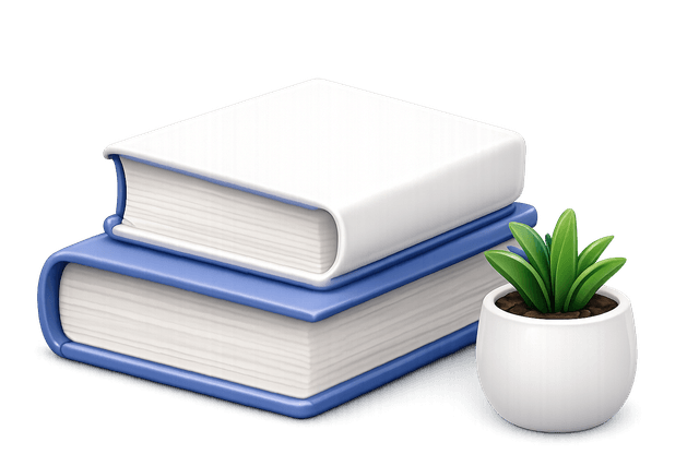 Stacked books and a small plant